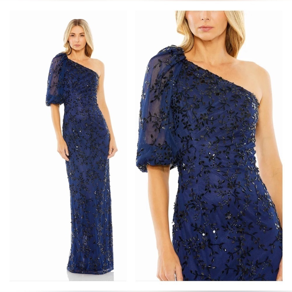 MAC DUGGAL 5912 NWT Navy One Shoulder Puff Sleeve Embellished Column Gown
